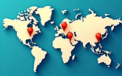世界地図上に新しい市場の拠点がマークされている様子